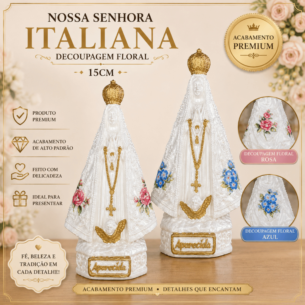 Imagem Nossa Senhora Aparecida Italiana 15cm em Gesso Decoupage Floral Perolada com Dourado