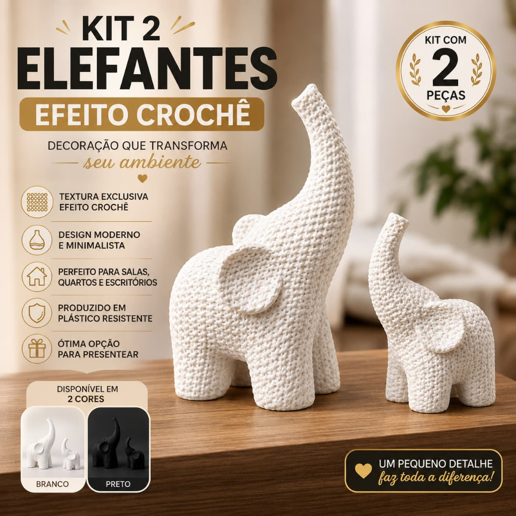 Kit 2 Elefantes Decorativos Efeito Crochê Enfeite Decoração Sala Quarto Estante