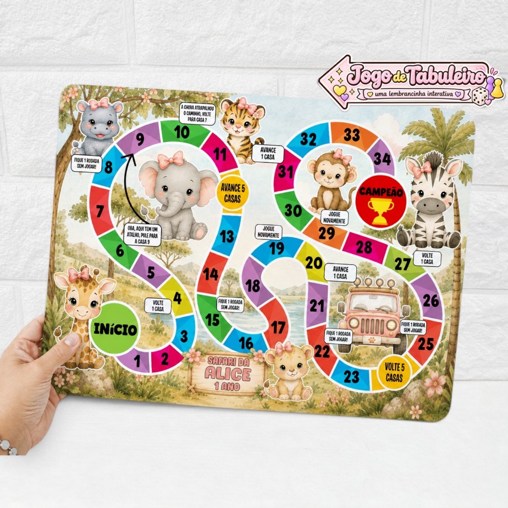 Jogo De Tabuleiro Infantil Lembrancinha Personalizado Festa Aniversário Qualquer Tema Safari Menina