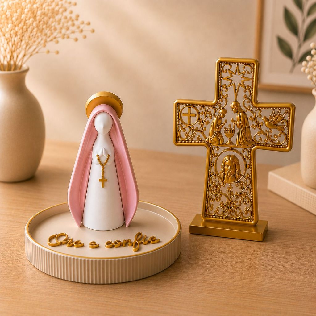 Kit Religioso Mini Nossa Senhora Aparecida com Cruz Decorativa 3D | ALTAR Ore e Confie Presente Católico Decoração de Fé