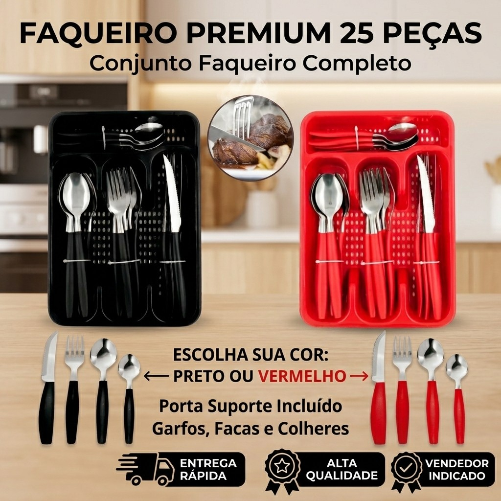 Jogo de Talheres 25 Peças Aço Inox Conjunto Faqueiro Com Porta Suporte Garfos Colheres e Facas