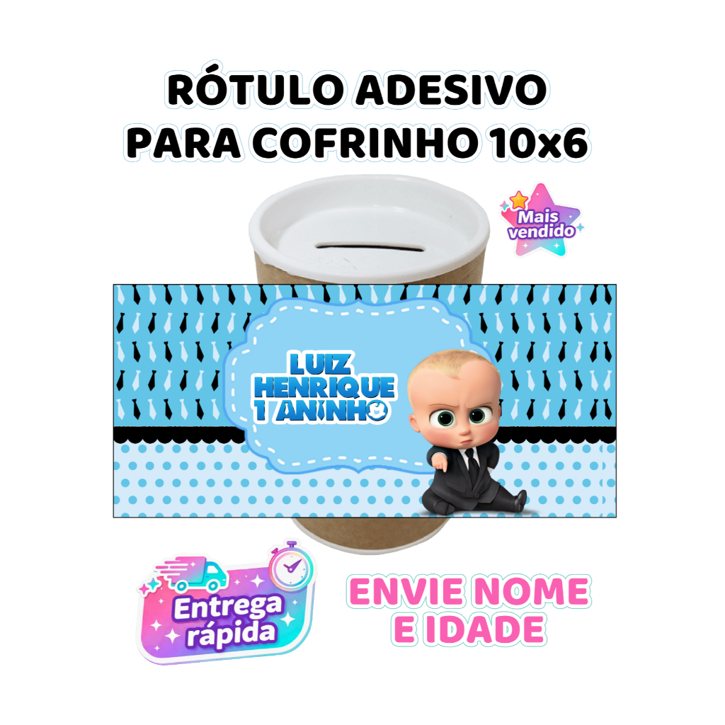 Rótulo Adesivo Cofrinho Personalizado O poderoso chefinho 10x6 Festa Infantil Lembrancinha