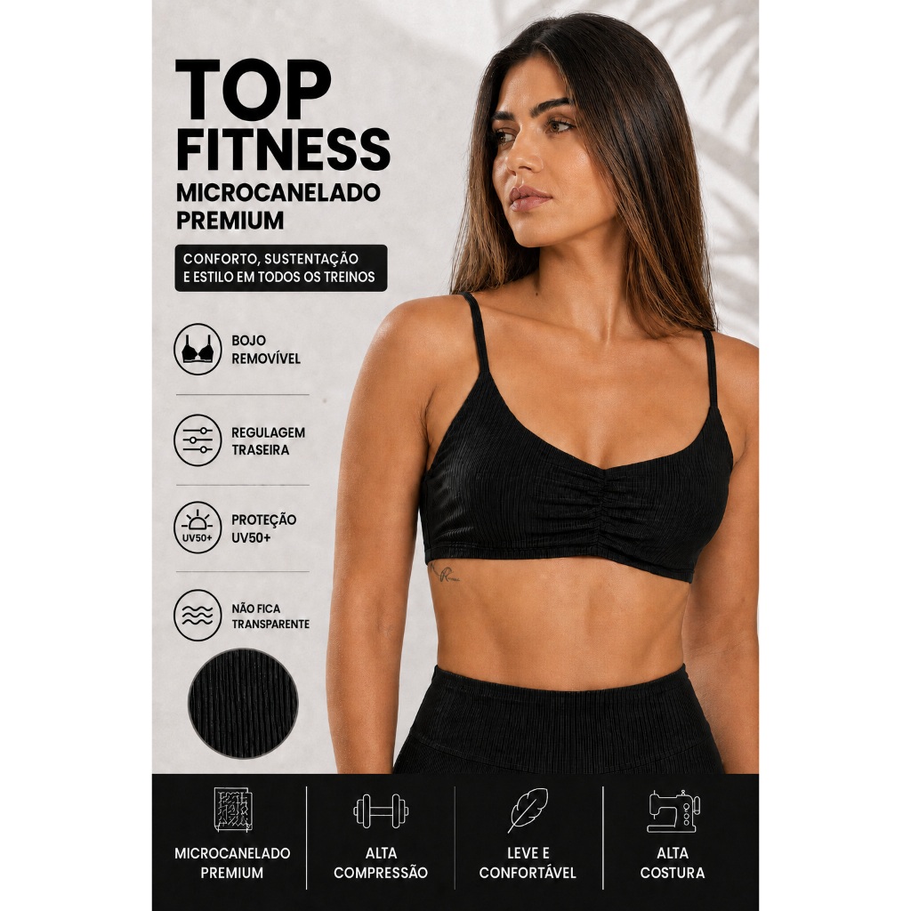 Top Fitness Feminino Academia Microcanelado Premium com Bojo Removível Regulagem Traseira UV50+ Alta Sustentação