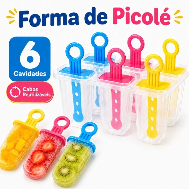 Forma de Picolé 6 Cavidades com Cabos Reutilizáveis Fácil de Desenformar Sorvete Caseiro Sem BPA para Crianças