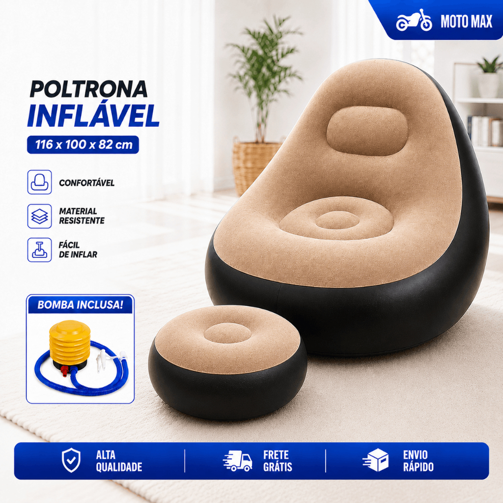 Poltrona Inflável Marrom 116x100x82cm com Apoio para os Pés + Bomba de Ar de Pé Portátil para Descanso e Camping
