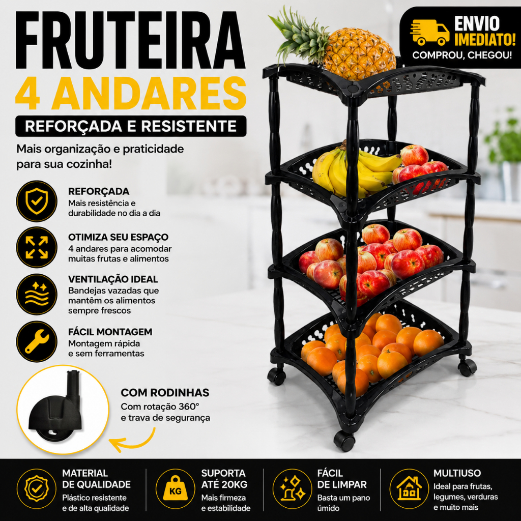 FRUTEIRA DE CHÃO DE PLÁSTICO MULTIUSO 4 ANDARES ORGANIZADOR EMPILHÁVEL COM RODINHAS PRETA