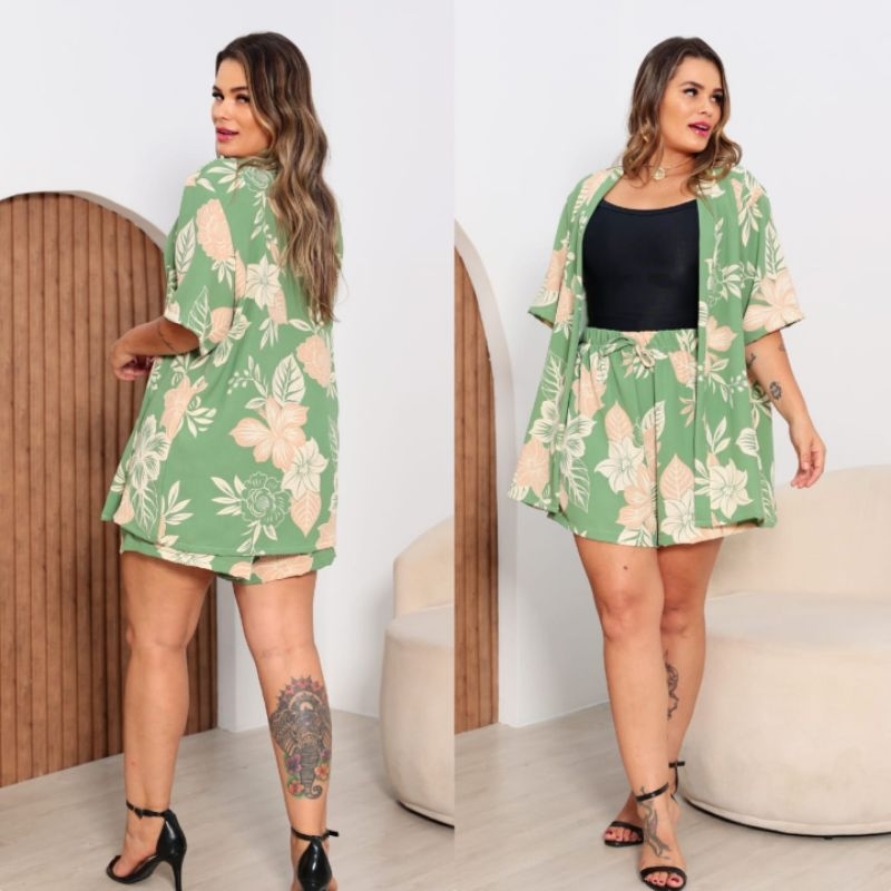 Conjunto Kimono Feminino Plus Size 2 Peças Kimono e Short Estampado Tecido Duna Moda Praia Moda Verão G1 G2 G3 G4