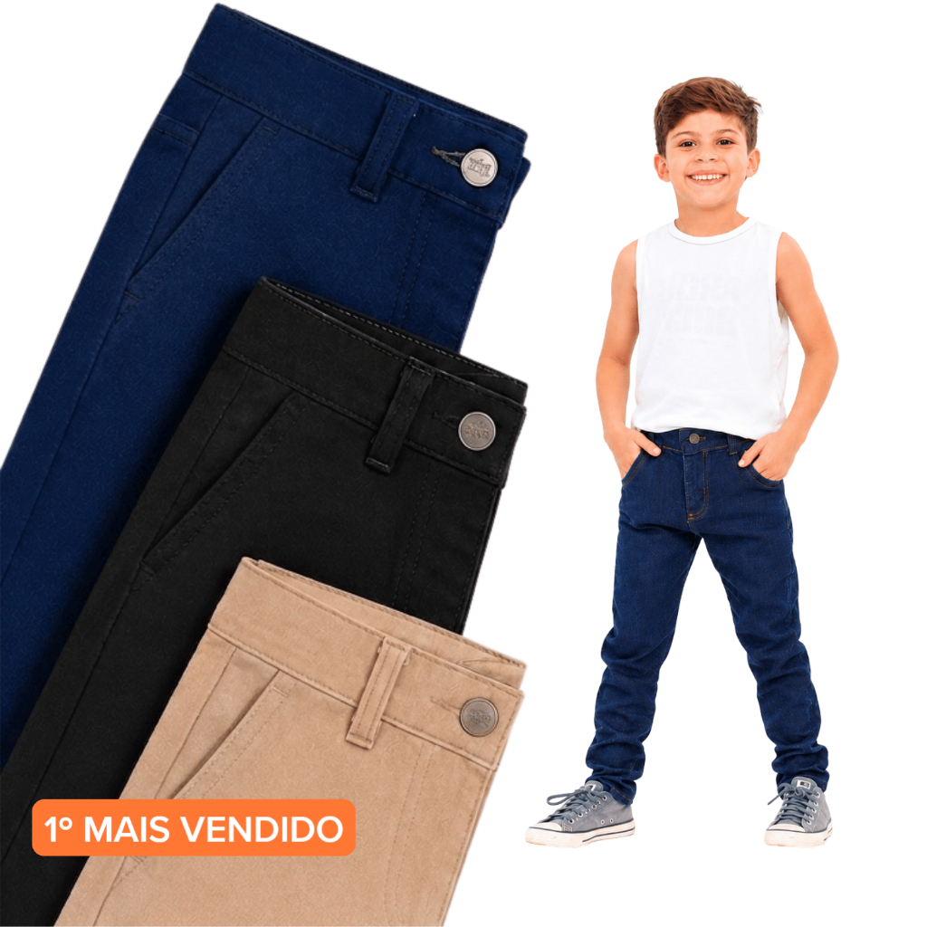 Calca Jeans Menino Infantil Lycra Regulador Interno Ajustável Tamanho 4 ao 16 Preta Azul Cáqui