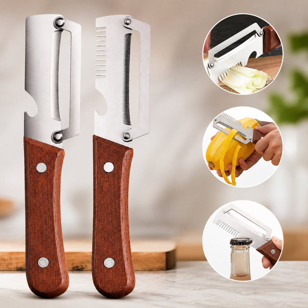 Kit Fatiador de Legumes Lâmina Aço Multifuncional 3 Em 1 Inoxidável Cabo Madeira Moderno Abridor De Garrafa