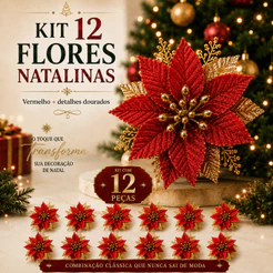 Flores Enfeite Natal Glitter Árvore Decoração Artificial Decorativa Natalina Luxo Vermelho com Dourado Brilhante Pick Up