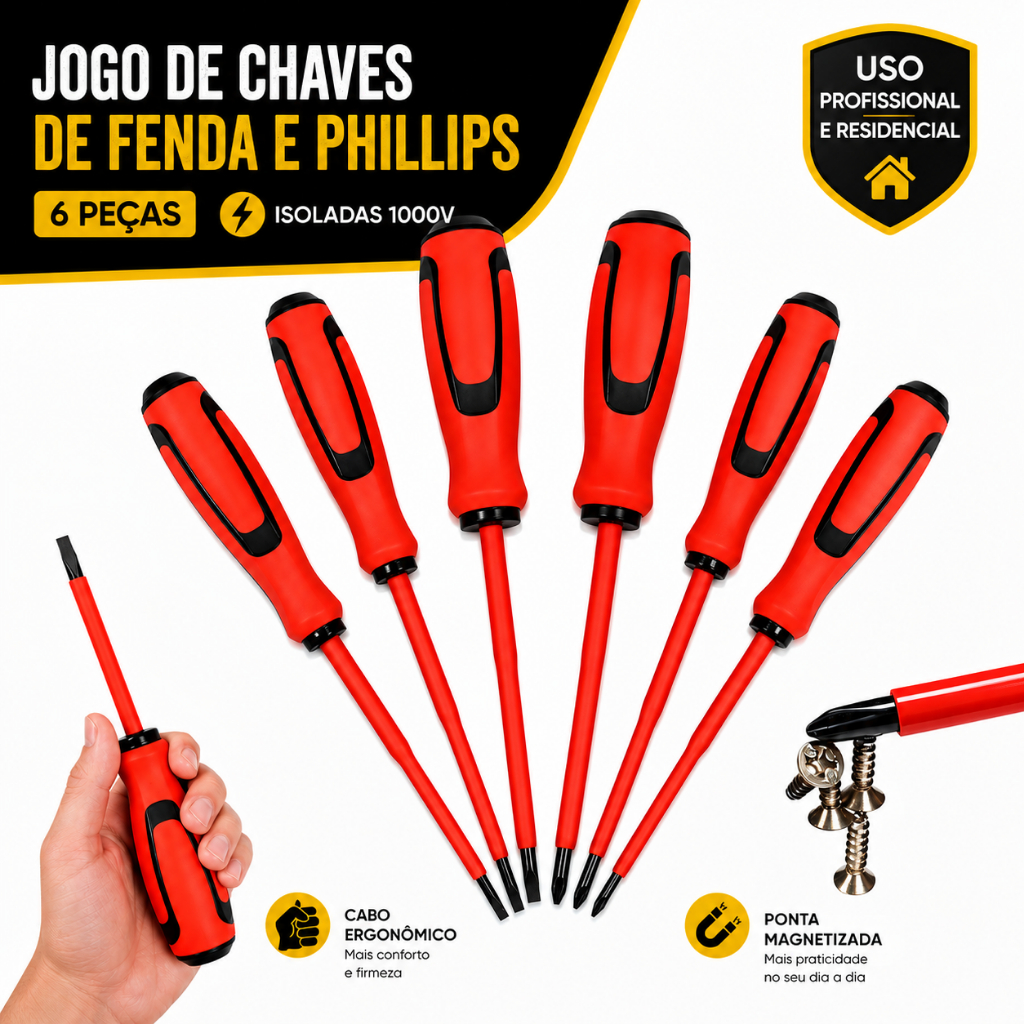 Kit Jogo Chave Fenda Philips Isoladas 6 Uni Eletricista Profissional Imã 1000v CR-v