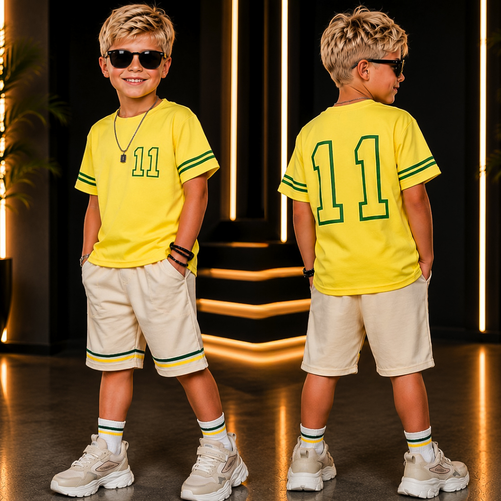 Conjunto Infantil Menino Estiloso Verão Lançamento Juvenil Camiseta e Bermuda Veste Do 2 ao 12 anos