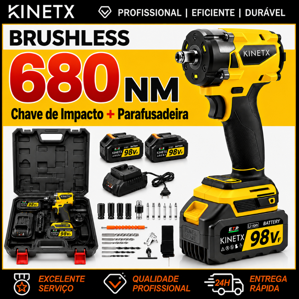 Chave De Impacto Brushless Sem Fio 680Nm 98VF KINETX Com 2 Baterias Makita Maleta Soquetes Brocas Parafusadeira