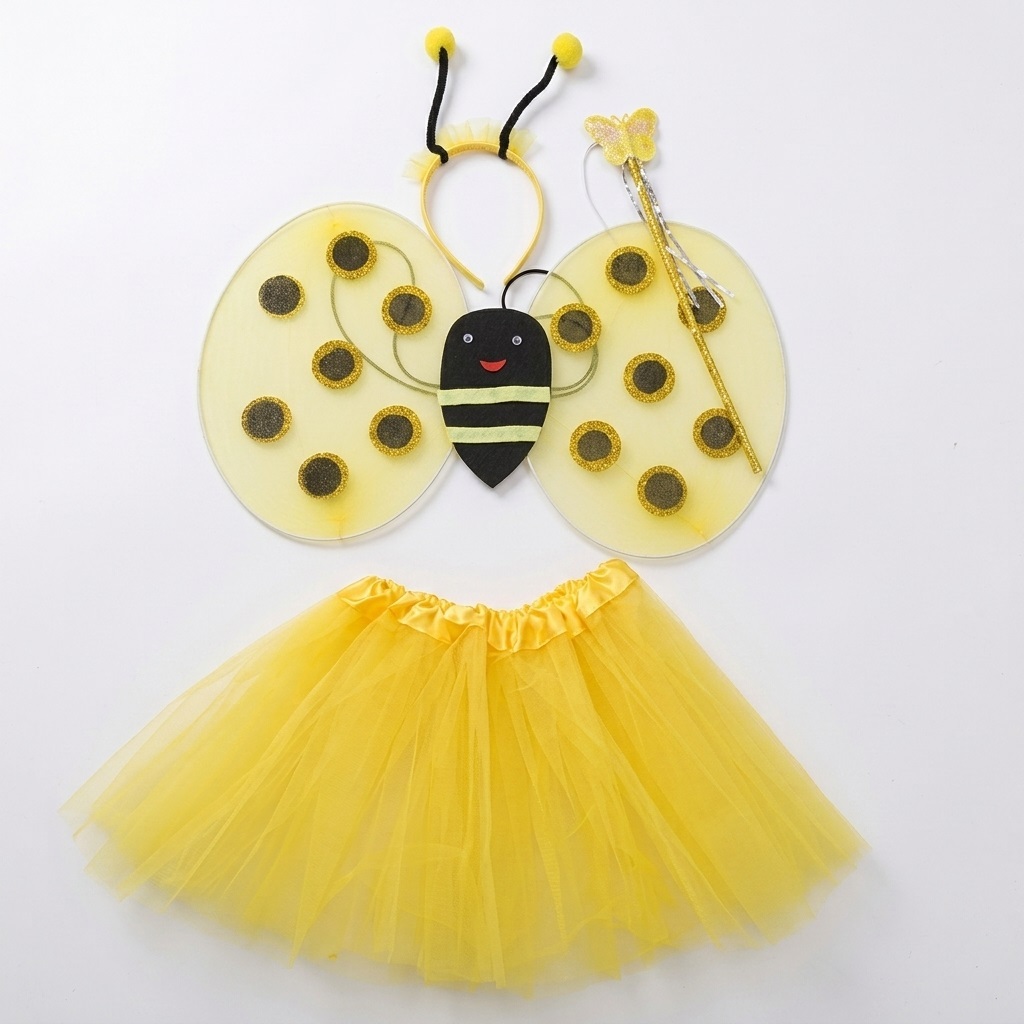 Kit Fantasia Abelha 4 Peças Carnaval Menina Festa (asa,arco,varinha,saia)