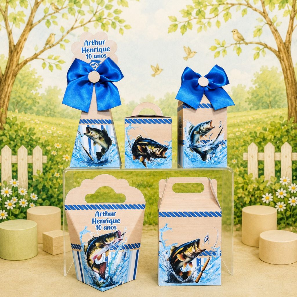Kit Caixinhas Personalizadas (Pegue e Monte) Pescador Pescaria Azul Caixas para Lembrancinhas
