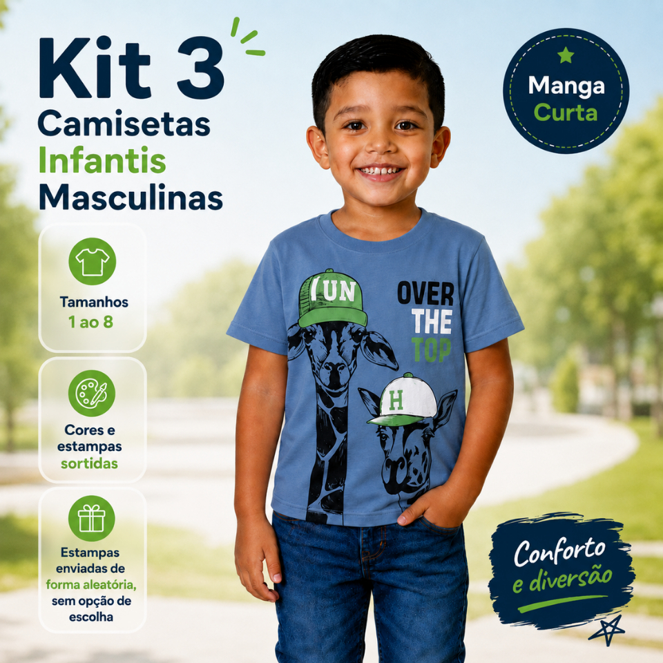 Kit 3 Camisetas Infantil Masculino Manga Curta Estampa Sortida