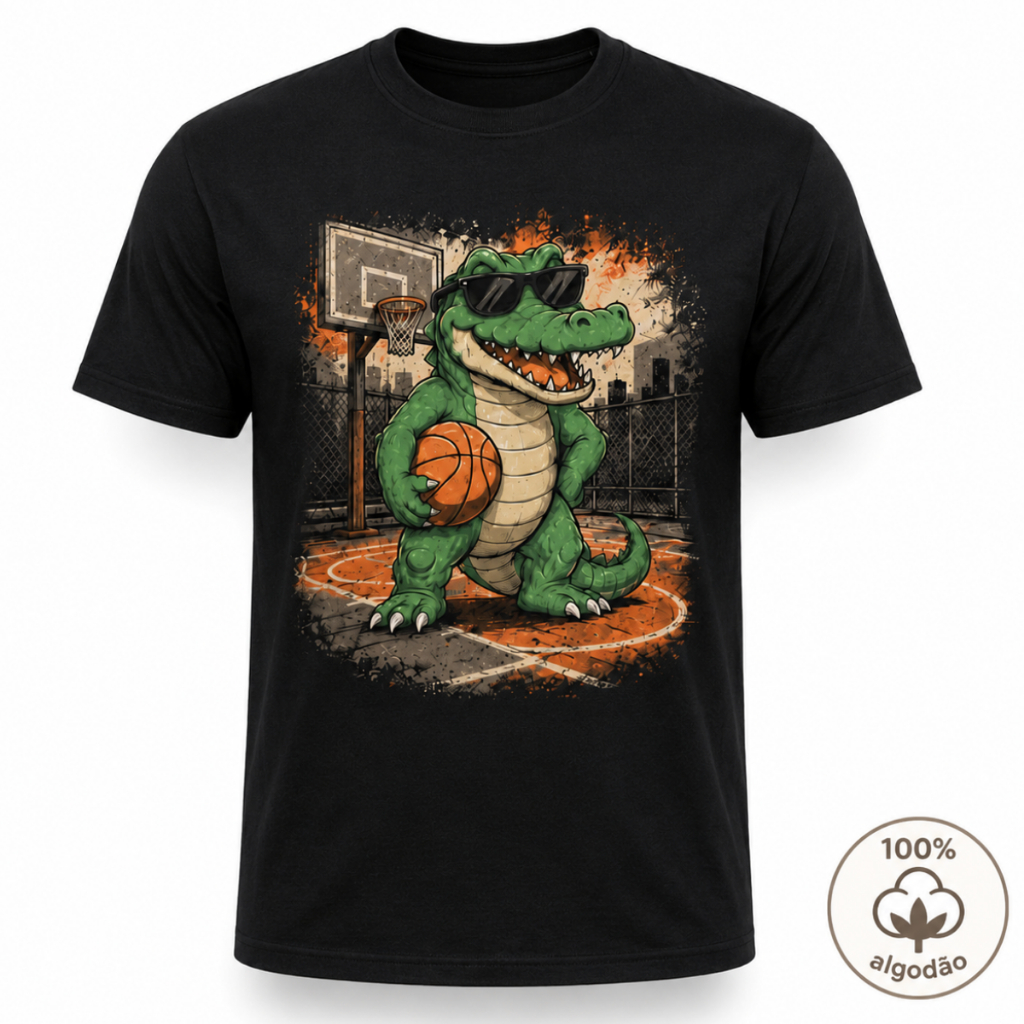 Camiseta Masculina Jacaré Basquete Manga Curta Estampada 100% Algodão Premium Streetwear Casual para Dia a Dia e Lazer