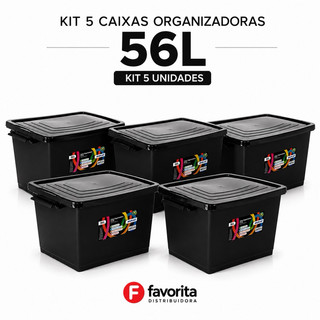 Kit 5 Com Caixas Organizadoras - Tampa e Trava - 56 Litros Preta toy