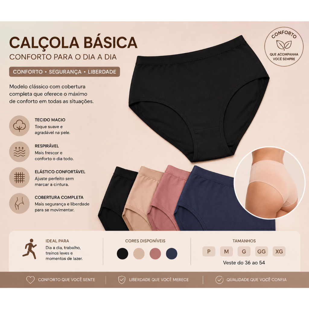 Kit Calcinhas Cintura Alta Microfibra Senhora Calçola Básica Feminina Plus Size- Qualidade para o Dia a Dia