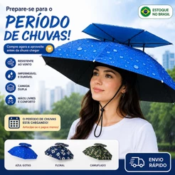Chapéu Guarda-Chuva de Cabeça 77cm Dupla Camada Impermeável Mãos Livres para Pesca Camping Sol e Chuva