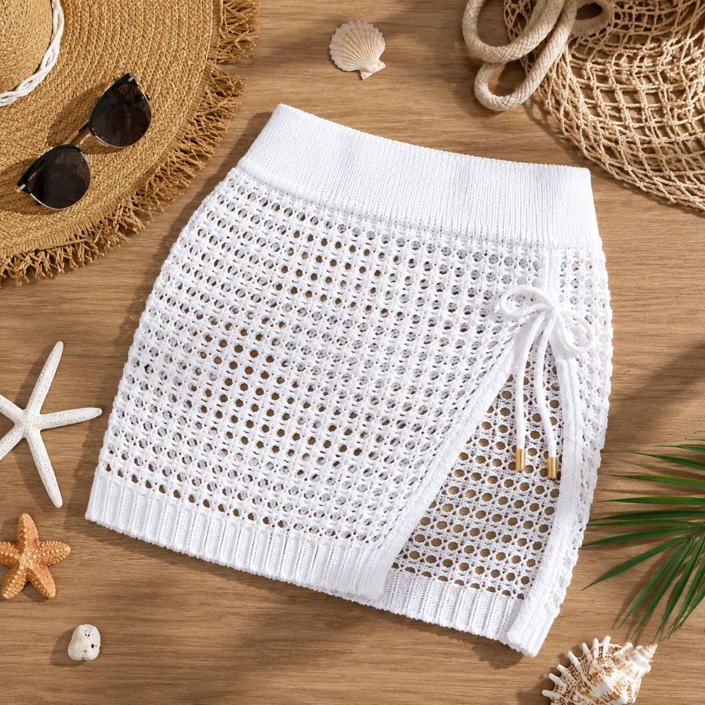 Saia Saída de Praia Feminina Tricô Fenda Lateral Moda Praia Look Verão Sofisticado Moda Feminina