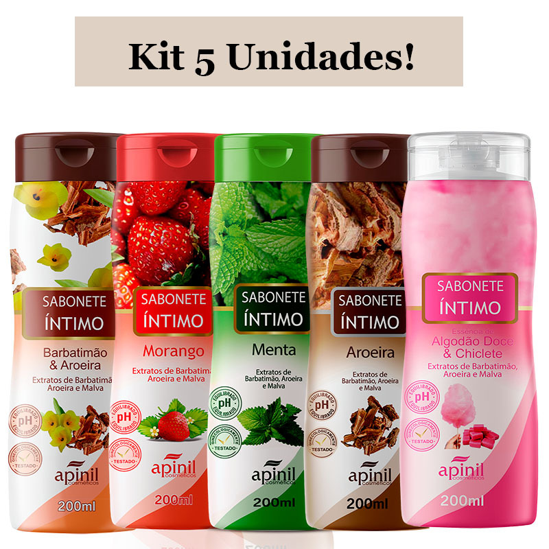 KIT 5 Unidades SABONETE INTIMO 200mL VARIADOS APINIL (Morango, Menta, Algodão Doce, Aroeira e Barbatimão)