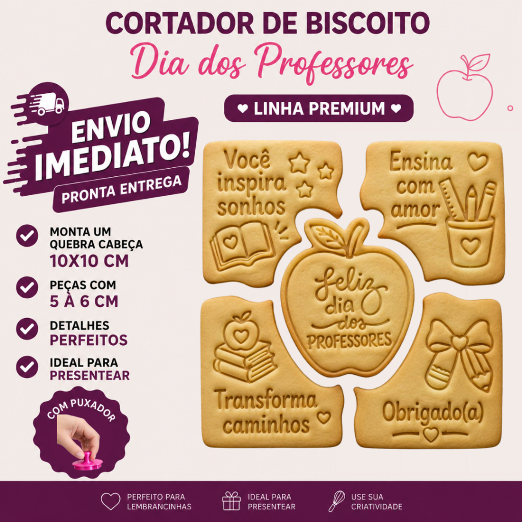 Kit Cortador Marcador Dia dos Professores Quebra Cabeça 5 Peças Biscoito Cookie Box Conjunto 10cm
