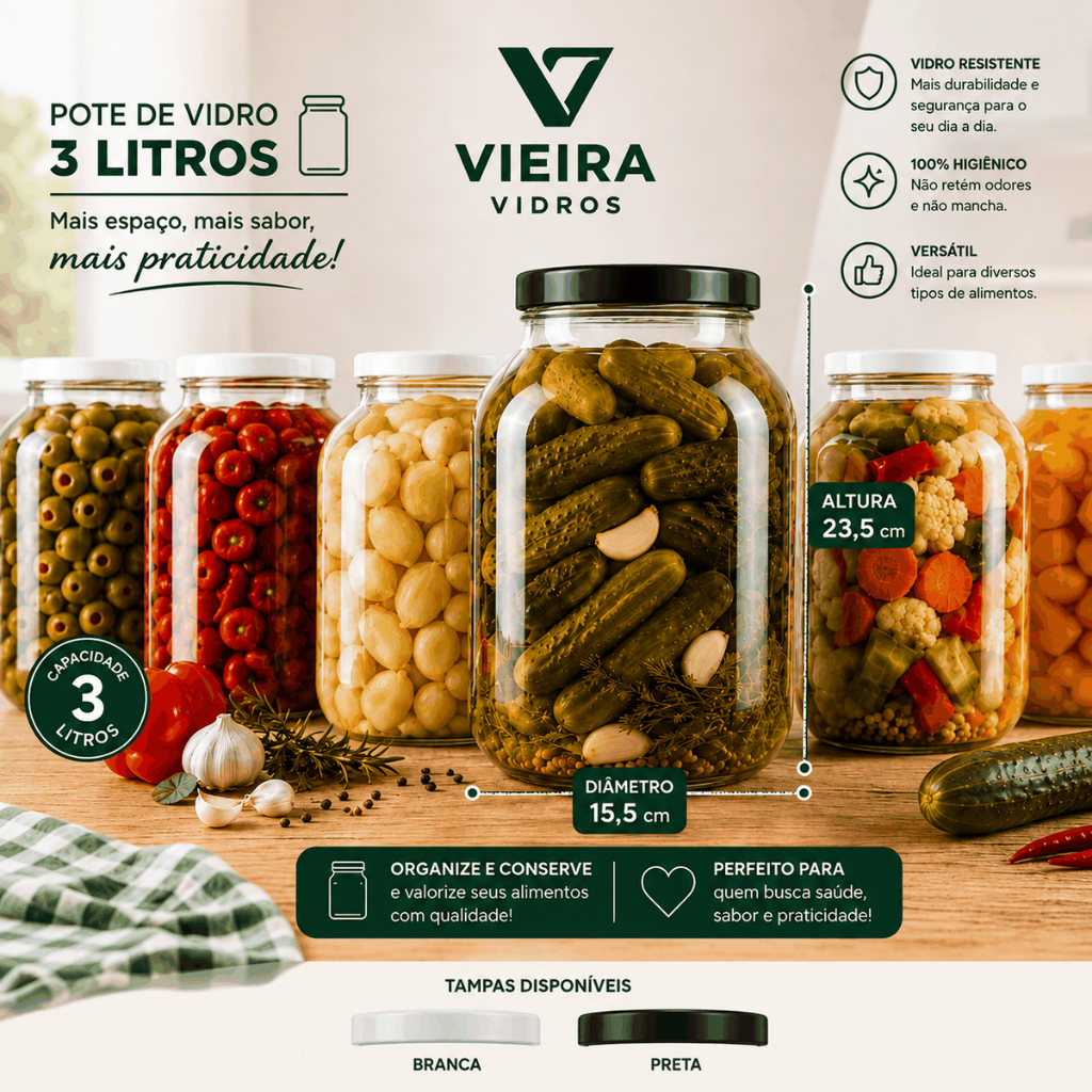 Pote de Vidro 3 Litros com Tampa Branca/Preta - Metálica – Arroz, Feijão, Conservas e Mantimentos