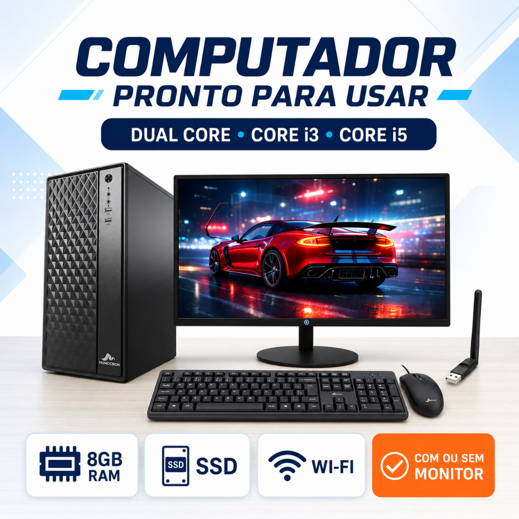 Computador PC Dual Core i3 i5 8GB SSD Wi-Fi com Monitor 15 Usado ou 18,5 Usado/Novo