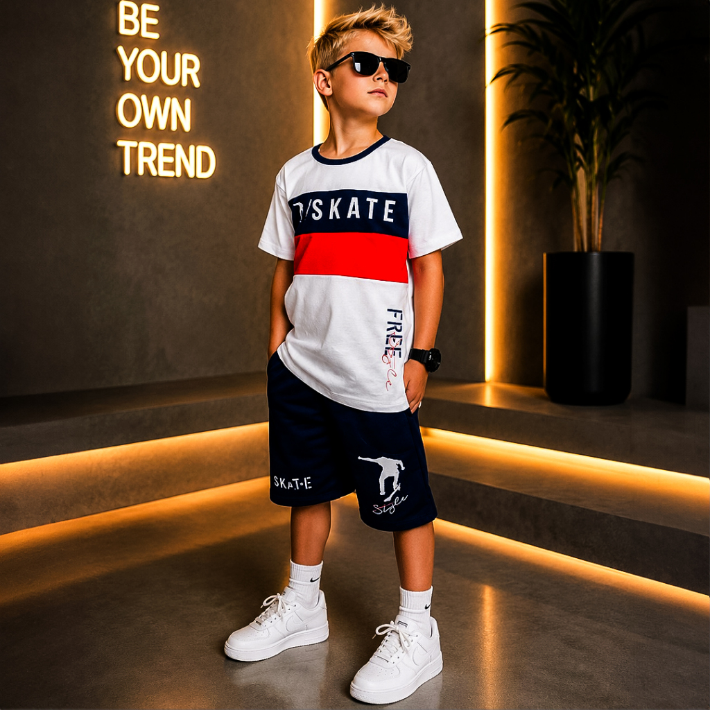 Conjunto Infantil Menino Juvenil Verão Estiloso bermuda e Blusa 100% algodão Veste Do 2 até 12 anos
