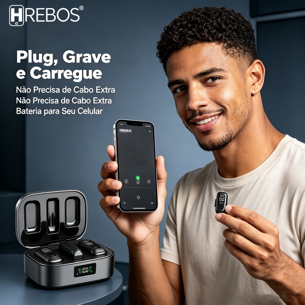 Microfone de Lapela Sem Fio Hrebos MF-105 Duplo com Estojo Carregador com Tela USB-C para Gravação de Vídeos no Celular