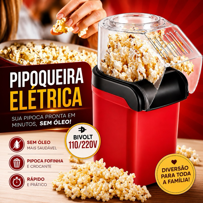 Pipoqueira Elétrica Máquina de Pipoca a Ar Quente  Livre de Óleo Pipoca Gourmet - Vermelha 110/220V
