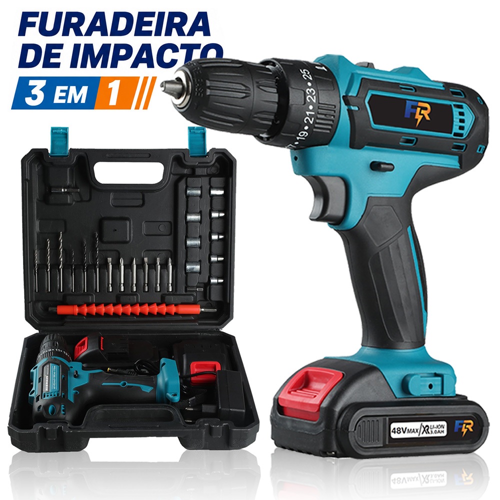 Parafusadeira Furadeira de Impacto Sem Fio 48V Kit Completo 27 Peças