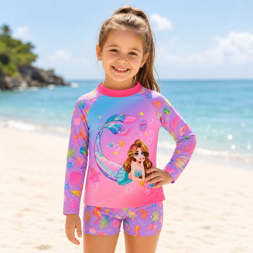 Conjunto Praia Menina Proteção Solar UV50+ Blusa Manga Longa e Shortinho Piscina Natação Capivara