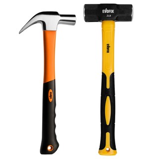 Kit Marreta De Aço Forjado 1kg Cabo 32cm Fibra Emborrachado + Martelo Unha 27mm Cabeça 33cm Aço Reforçado Profissional