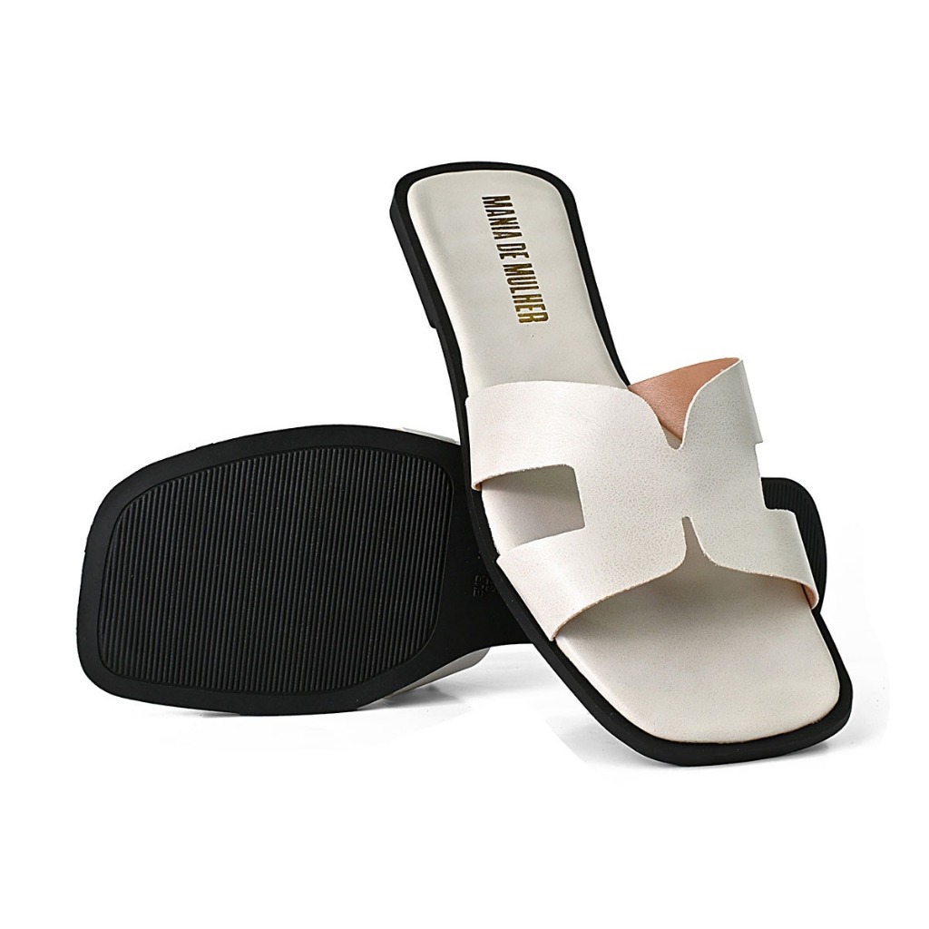 Sandália Rasteirinha Feminina H Napa Bico Quadrado Confortável Preto Caramelo Off White