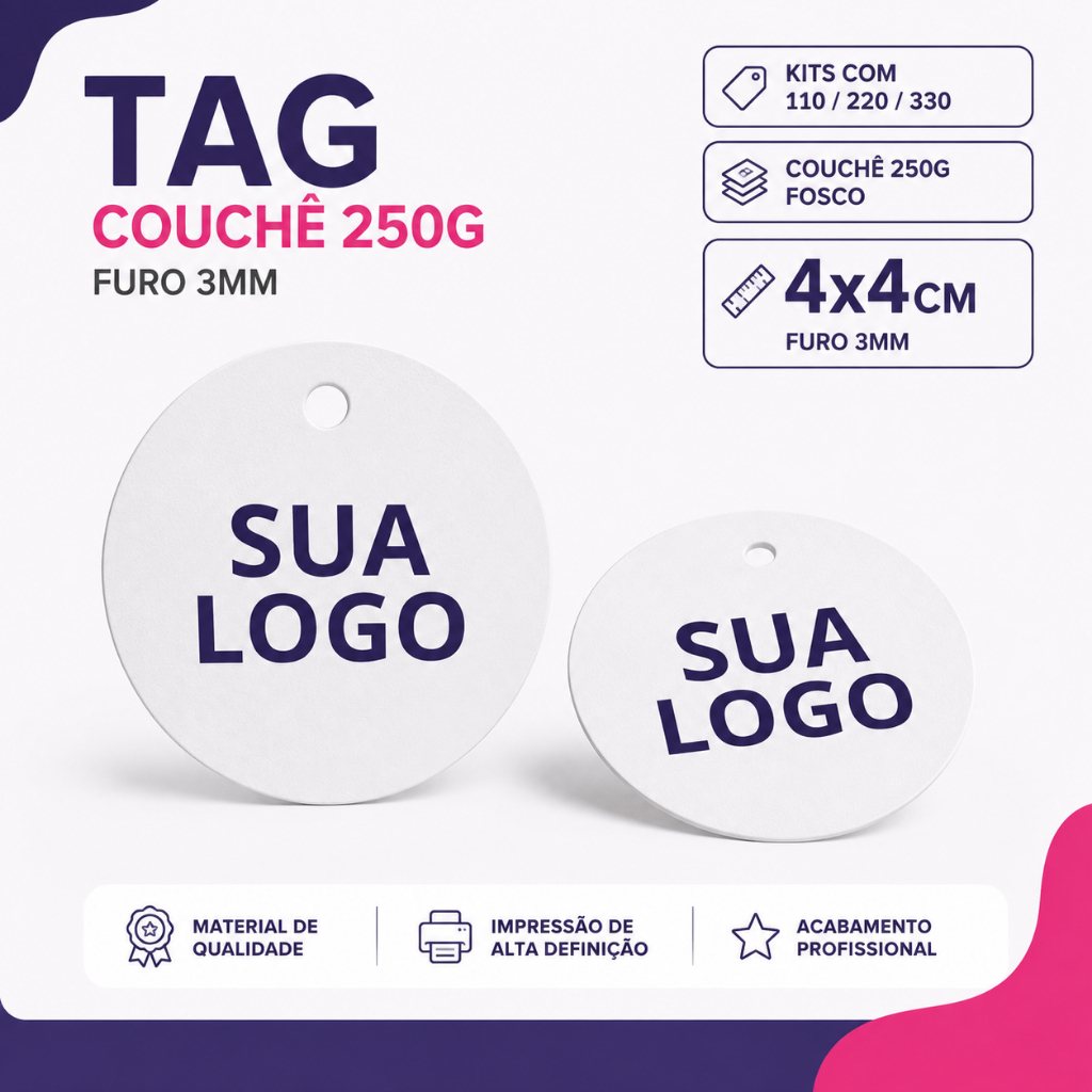 Tag Redonda Personalizada com Logo 4x4cm Furo 3mm Etiqueta Roupa Tag Preço Lembrancinha Embalagem Artesanato Kit 700un