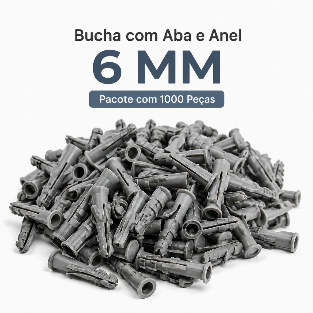Kit 1000 Buchas Plásticas 6mm com Aba Anel para Fixação em Parede
