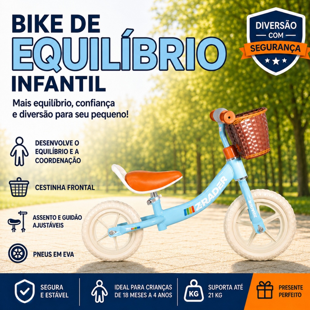 Bicicleta de Equilíbrio Balance Bike Infantil Sem Pedal com Cestinha Leve Resistente Para Criança Azul
