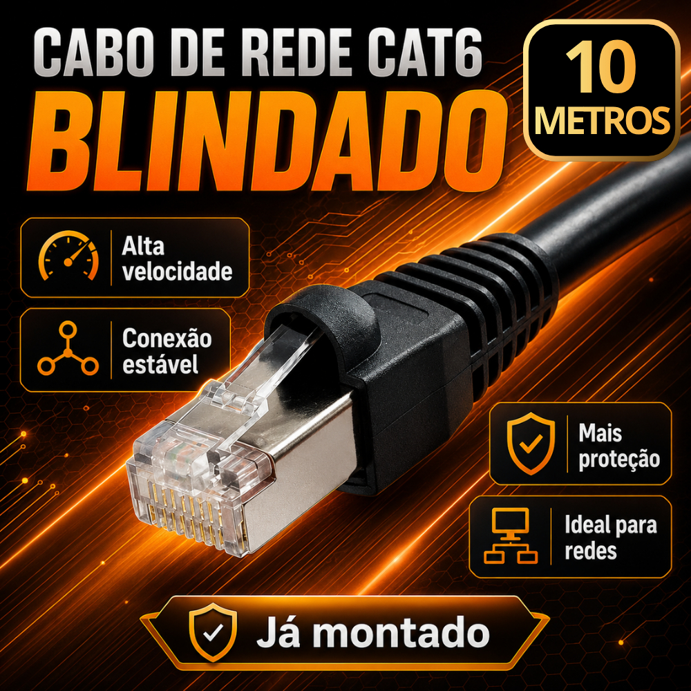 Cabo de Rede CAT6 Blindado STP 10 Metros Gigabit RJ45 Anti-Interferência