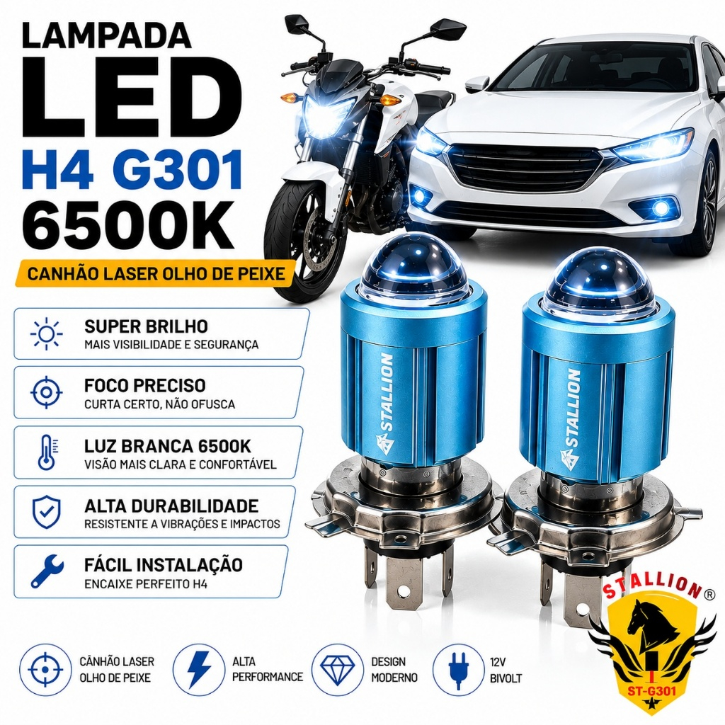 Kit 1 ou 2 Lâmpadas LED H4 Stallion ST-G301 Farol Alto Baixo 6500K Super Branca Carro Moto