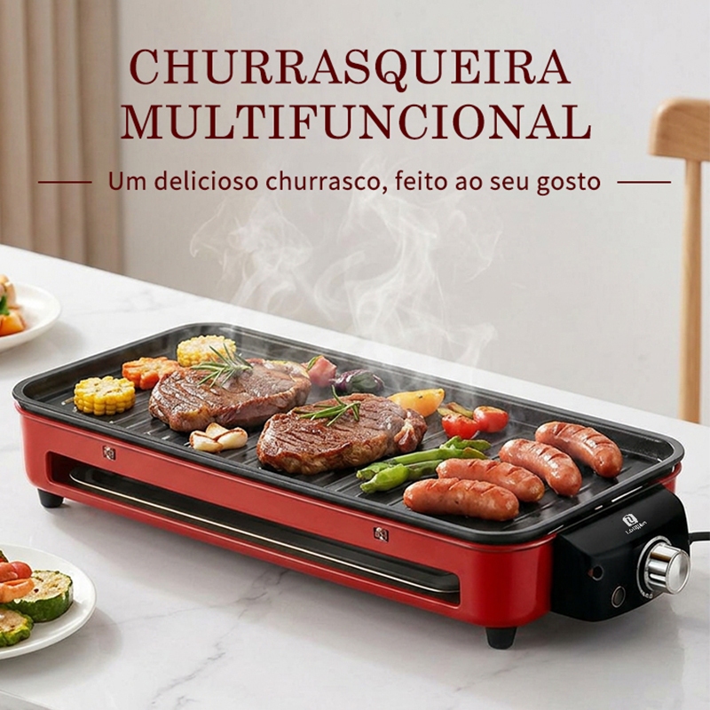 Churrasqueira Elétrica Multifuncional Grill Portátil 1500W 127V 220V 2 em 1 Sem Fumaça Churrasco em Casa