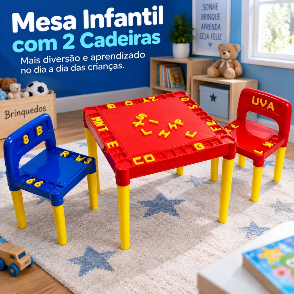 Mesa Infantil Plástico Mesinha Educativa Didática 2 Cadeiras Com Letras e Números