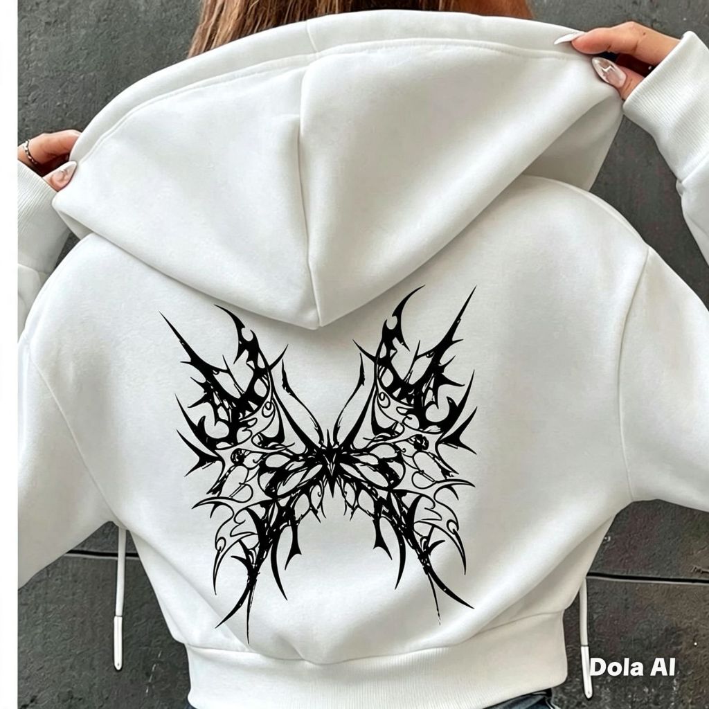 Cropped Moletom Zíper Curto Com Capuz Estampa Borboleta Dark Moda Teen para Outono e Inverno Lançamento