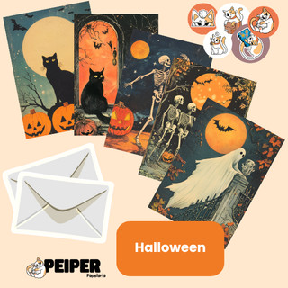 Cartão Postal Halloween Fantasma Abóbora Bruxa Gato Esqueleto Jack Corvo Terror Com Envelope Reciclato e Lacre Adesivo
