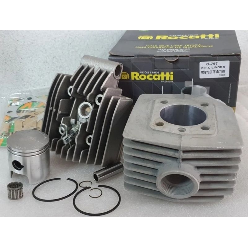 Kit cilindro mobilete 75 cc com pistão pino travas rolamento jg juntas cabeçote com descompressor caloi monark bikelete