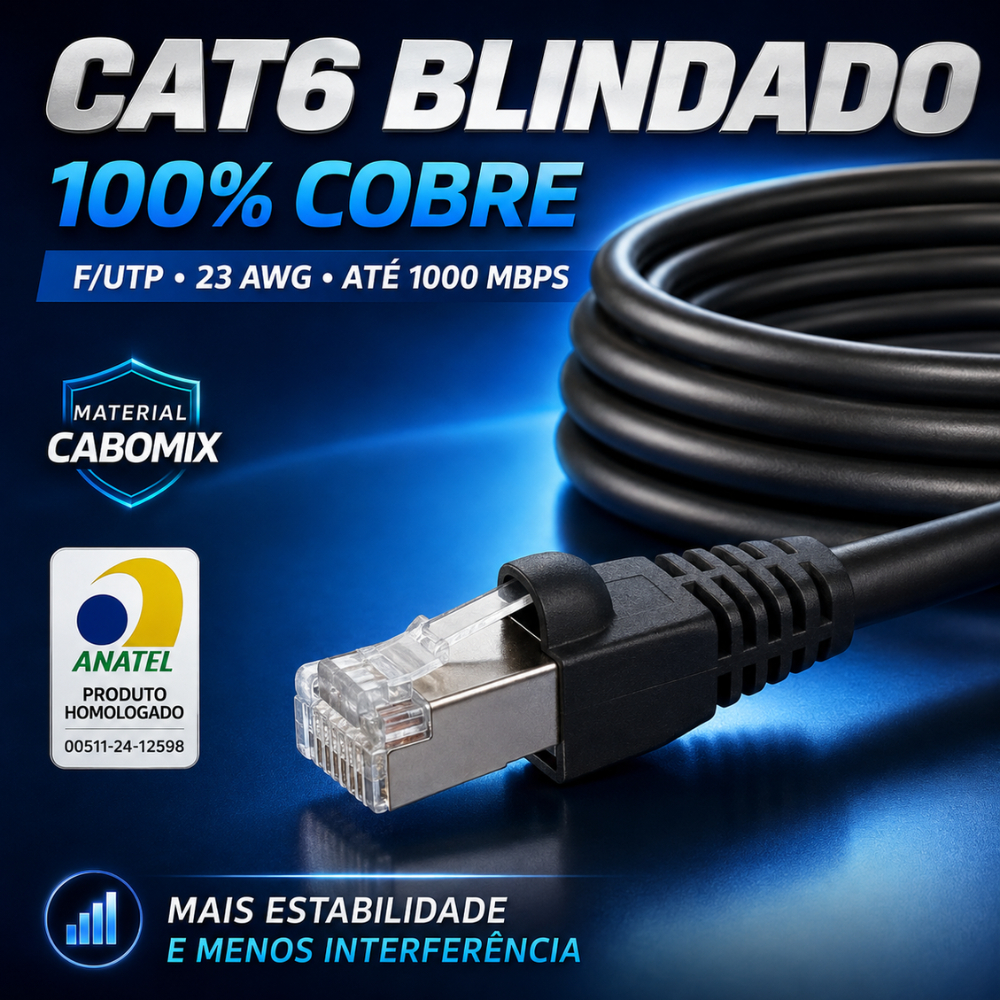 CABO DE REDE CAT6 BLINDADO F/UTP 100% COBRE ANATEL 5M 10M 15M 20M 25M 30M