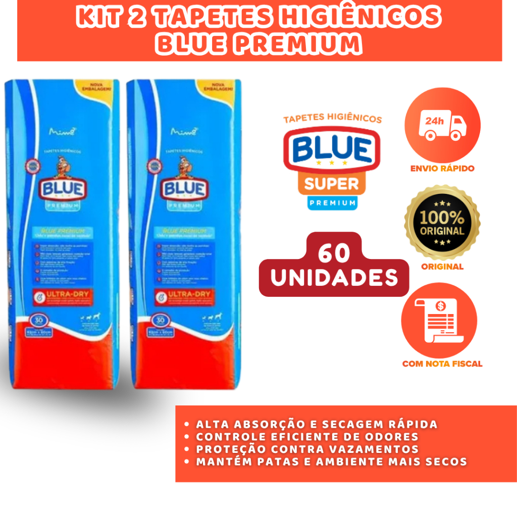 TAPETE HIGIÊNICO BLUE PREMIUM 82X60CM KIT COM 60 UNIDADES SUPER ABSORVENTE