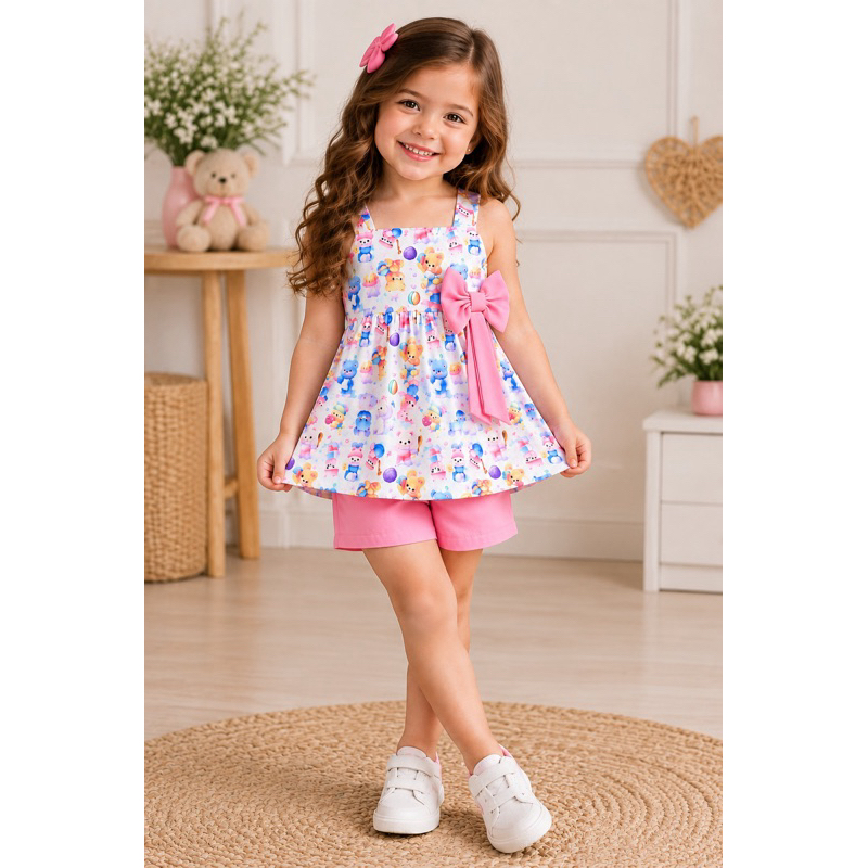 CONJUNTO INFANTIL MENINA REGATA E SHORT ESTAMPADO URSINHOS