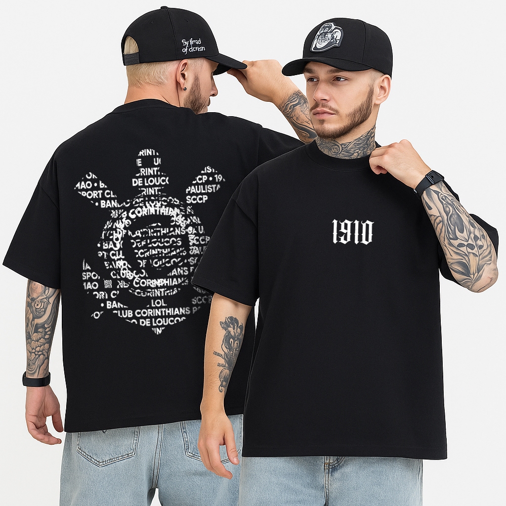 Camiseta Oversized Corinthians 1910 Preta Estampa Costas Streetwear Unissex